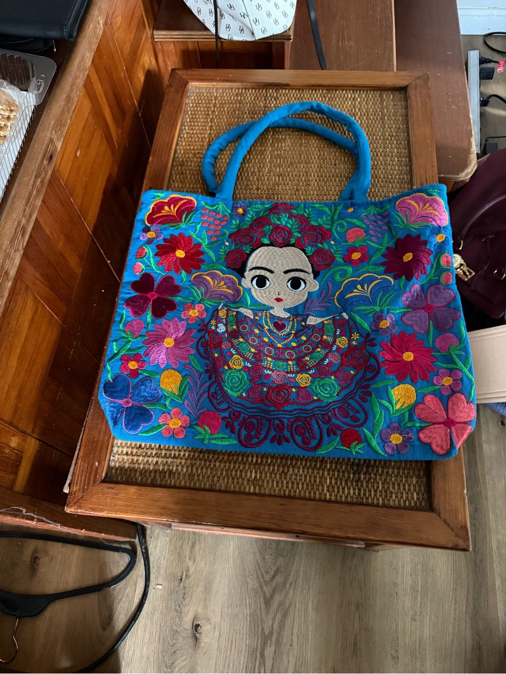Embroidered Blue Floral Tote Bag with Frida-Inspired Motif
